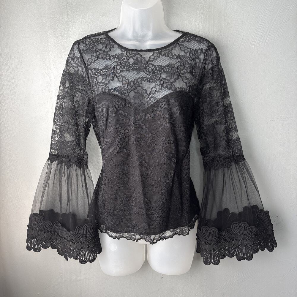 Black Lace Top Size 4 Small Dark Coquette Sheer Witchy Vamp Bell Sleeve Retro